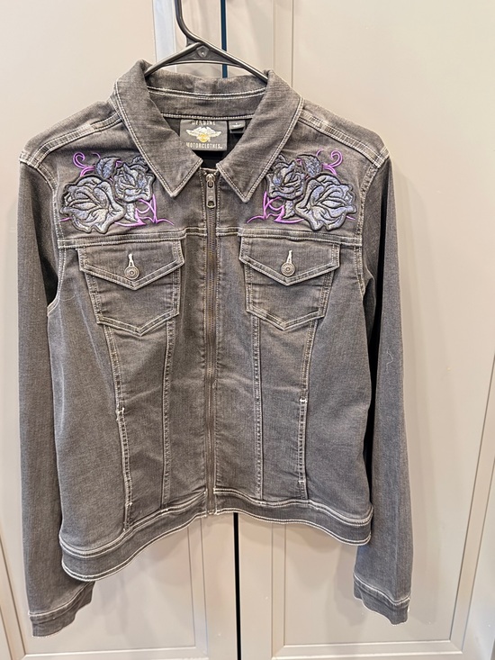 Harley-Davidson Jackets & Blazers - Harley-Davidson Gray Denim Jacket with Purple Rose Embroidery